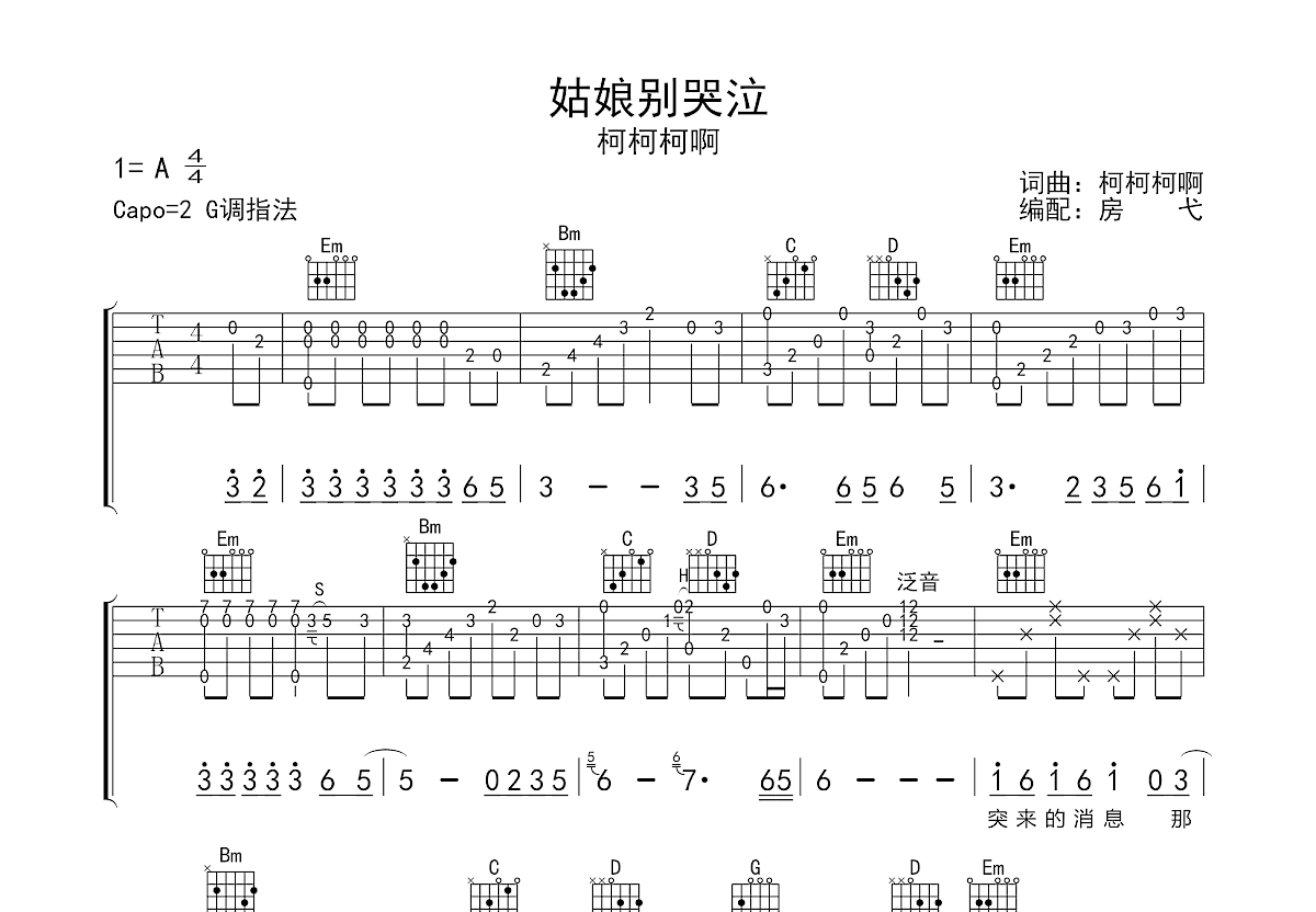 姑娘别哭泣吉他谱预览图