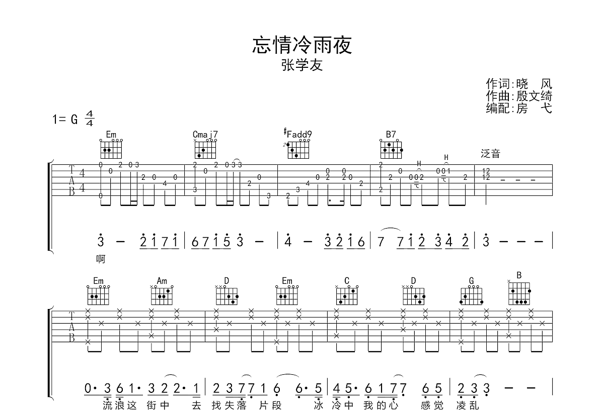 忘情冷雨夜吉他谱预览图