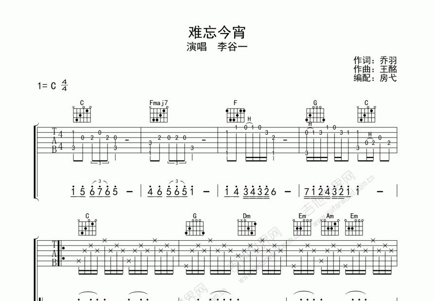 难忘今宵吉他谱预览图