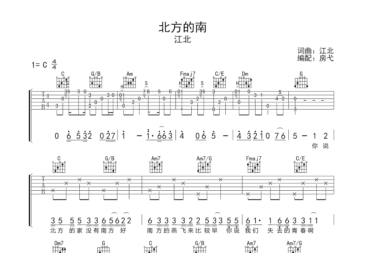 北方的南吉他谱预览图