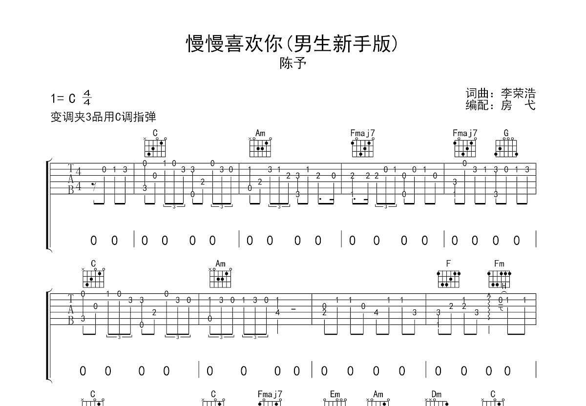 慢慢喜欢你吉他谱_陈予_C调弹唱