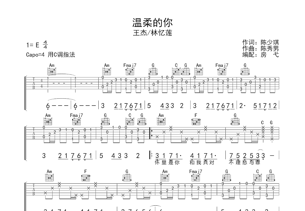 温柔的你吉他谱_王杰,林忆莲_C调弹唱