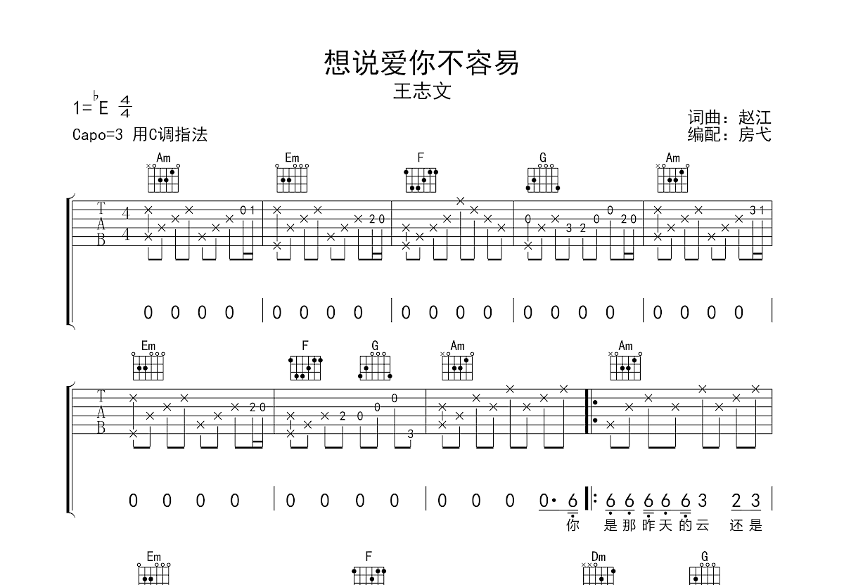 想说爱你不容易吉他谱预览图