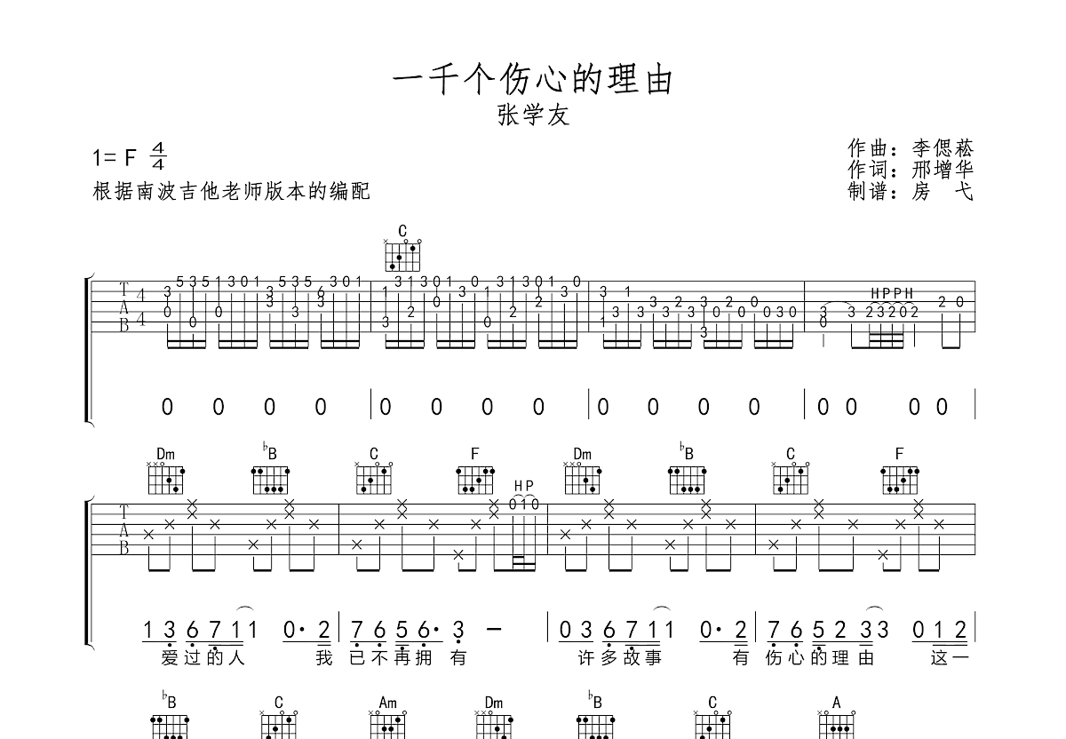 一千个伤心的理由吉他谱预览图