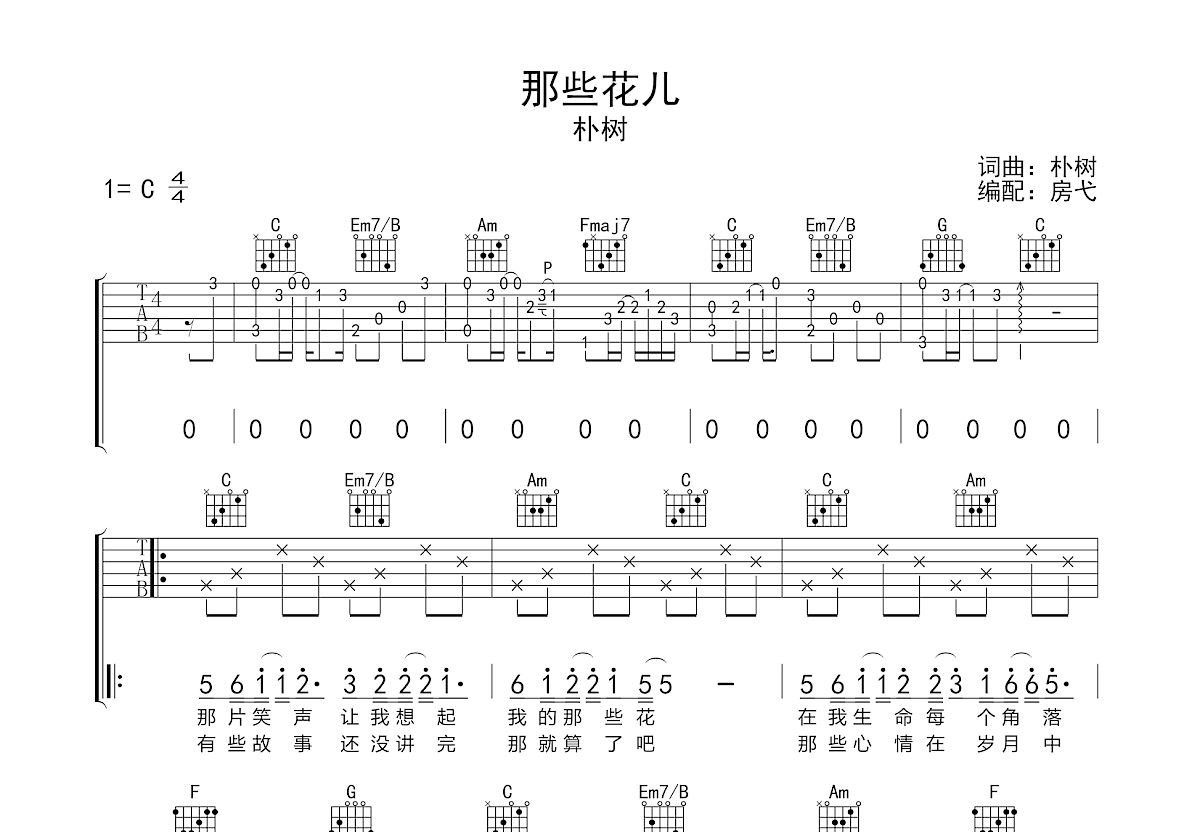那些花儿吉他谱_朴树_C调弹唱