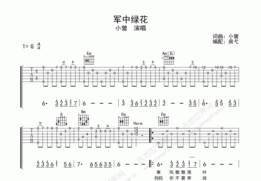 军中绿花吉他谱预览图