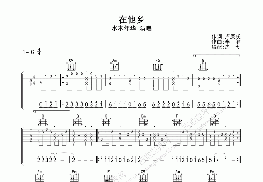 在他乡吉他谱预览图