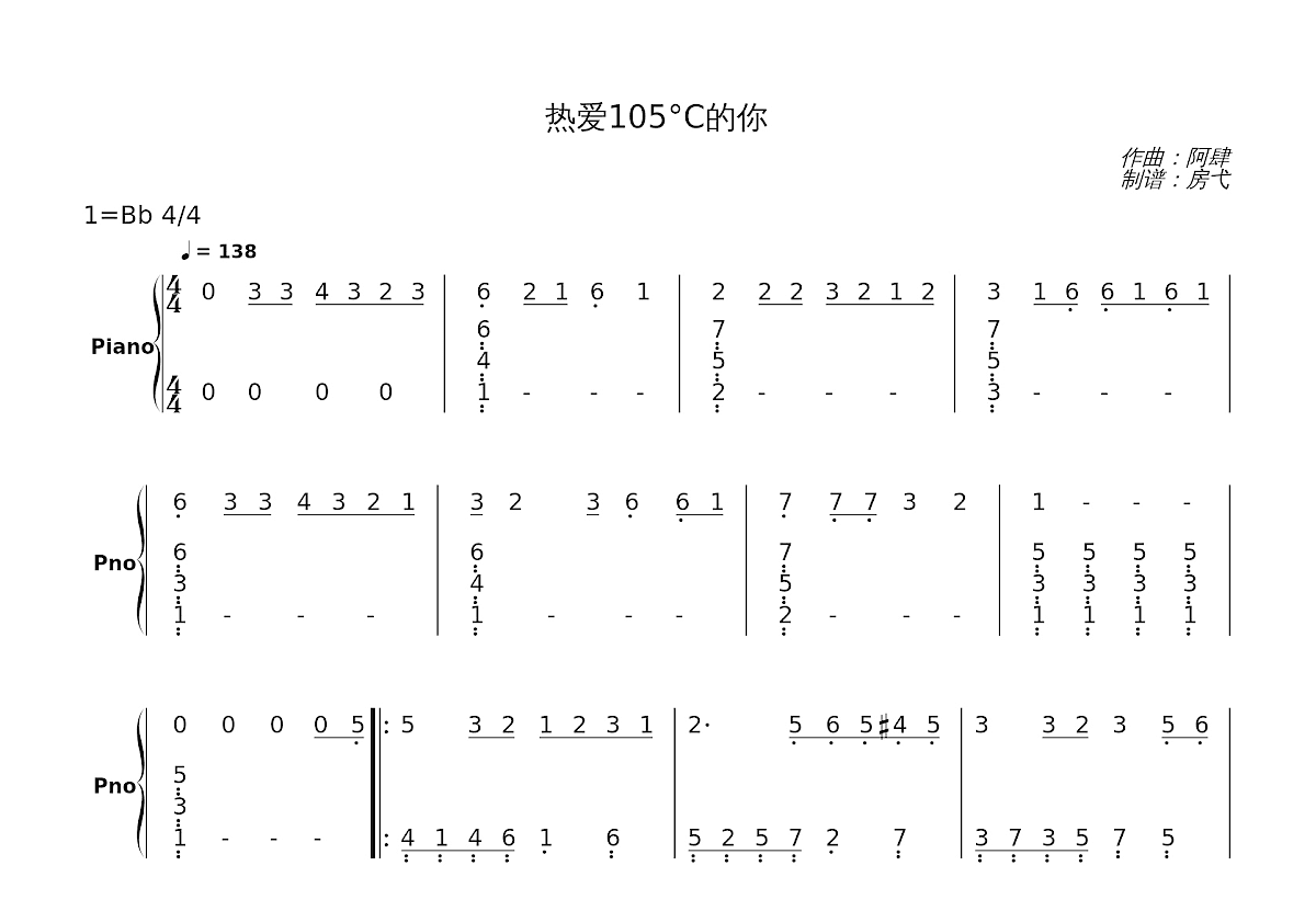 热爱105°C的你简谱预览图