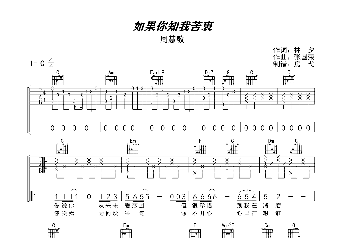 如果你知我苦衷吉他谱预览图