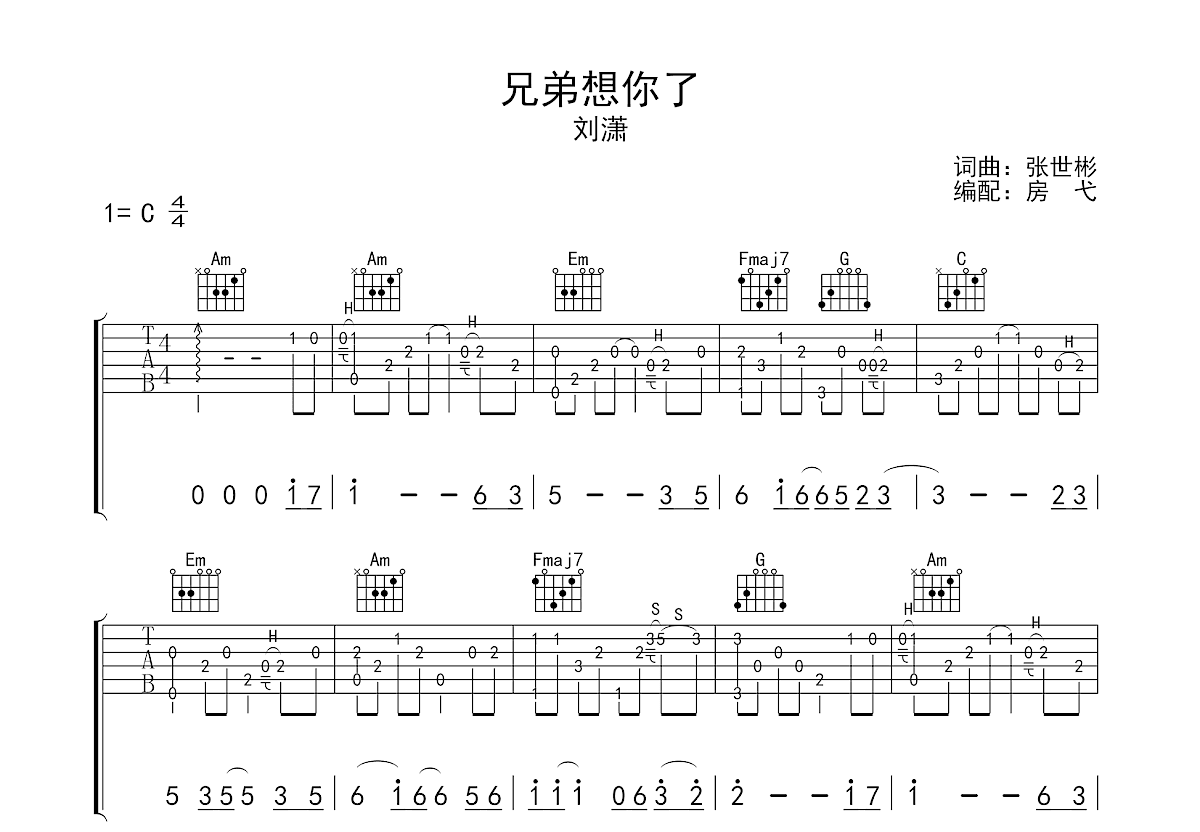 兄弟想你了吉他谱预览图