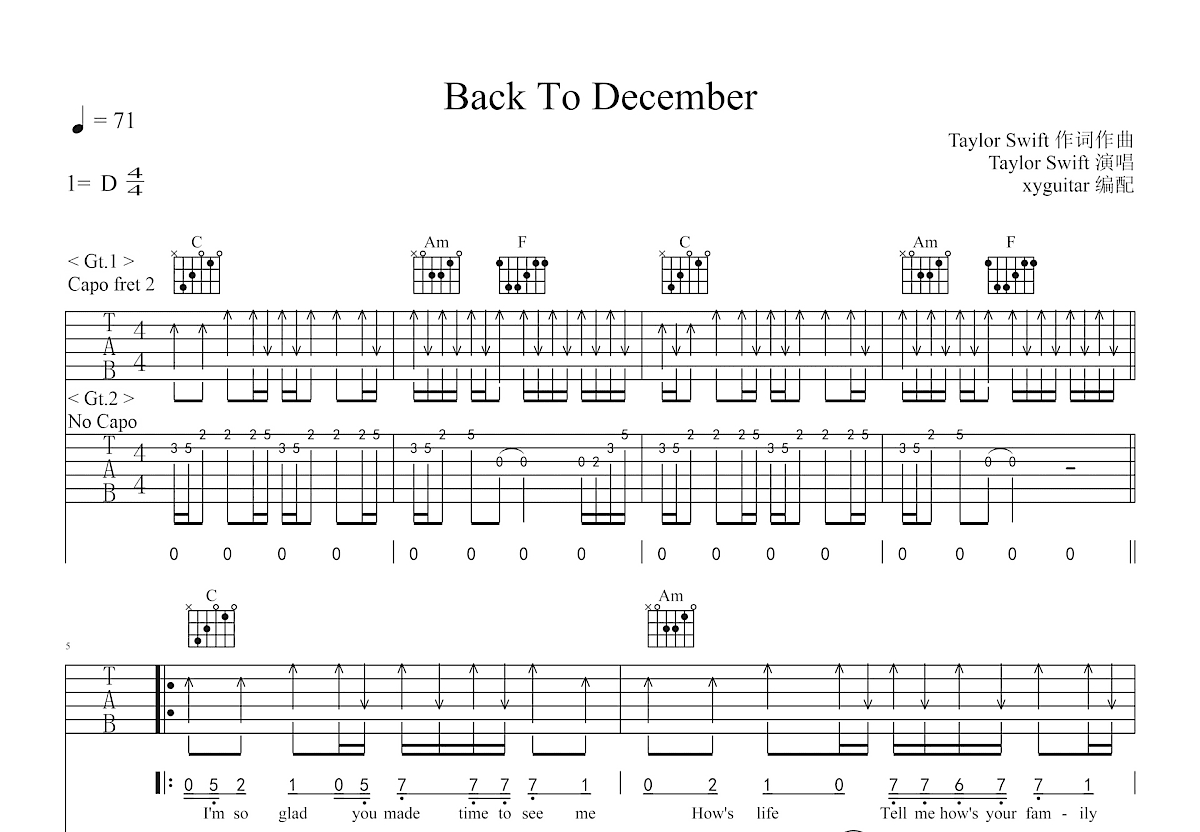 Back to December吉他谱预览图