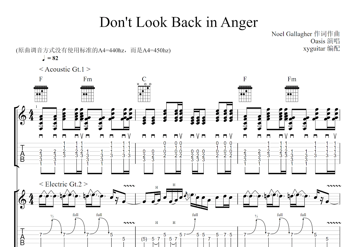 Don't Look Back in Anger吉他谱预览图