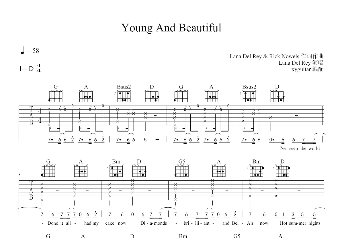 Young And Beautiful吉他谱预览图