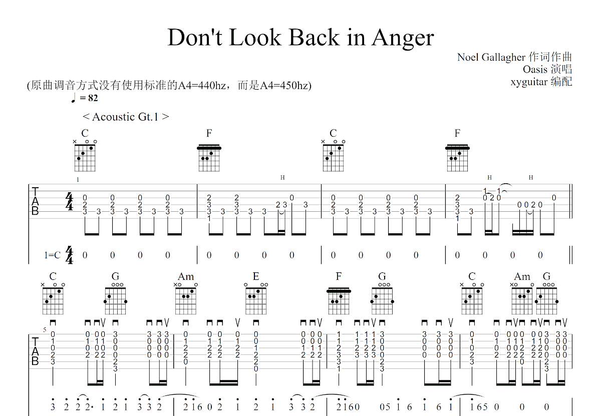 Don't Look Back in Anger吉他谱预览图