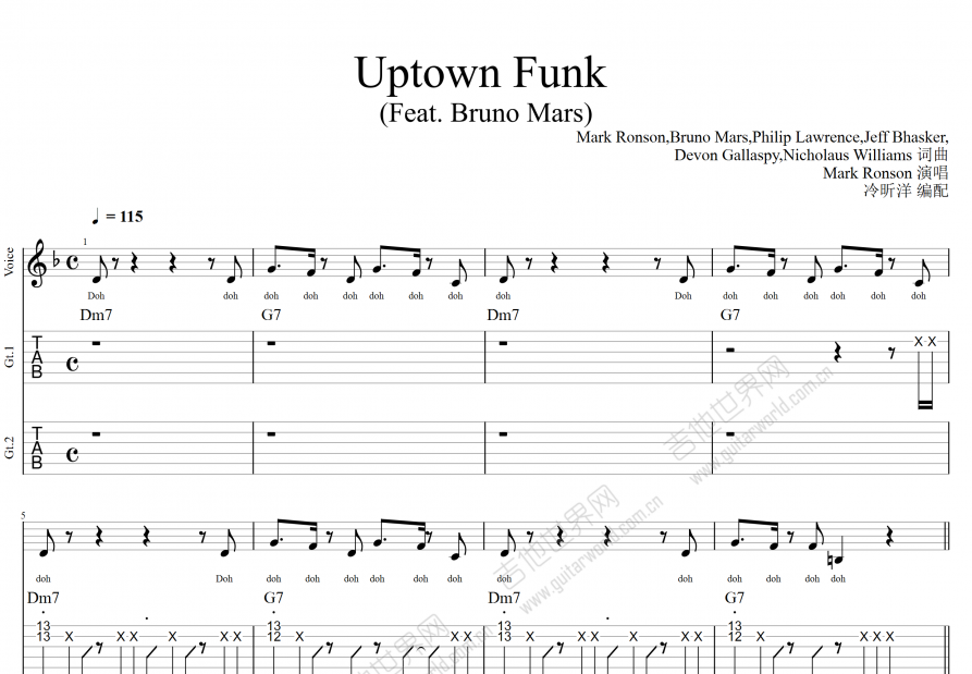 Uptown Funk吉他谱预览图