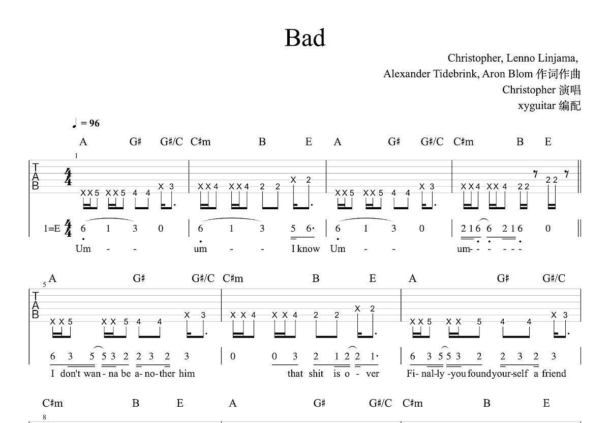 Bad吉他谱预览图