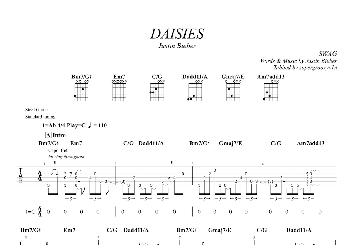 DAISIES吉他谱_Justin Bieber_C调弹唱
