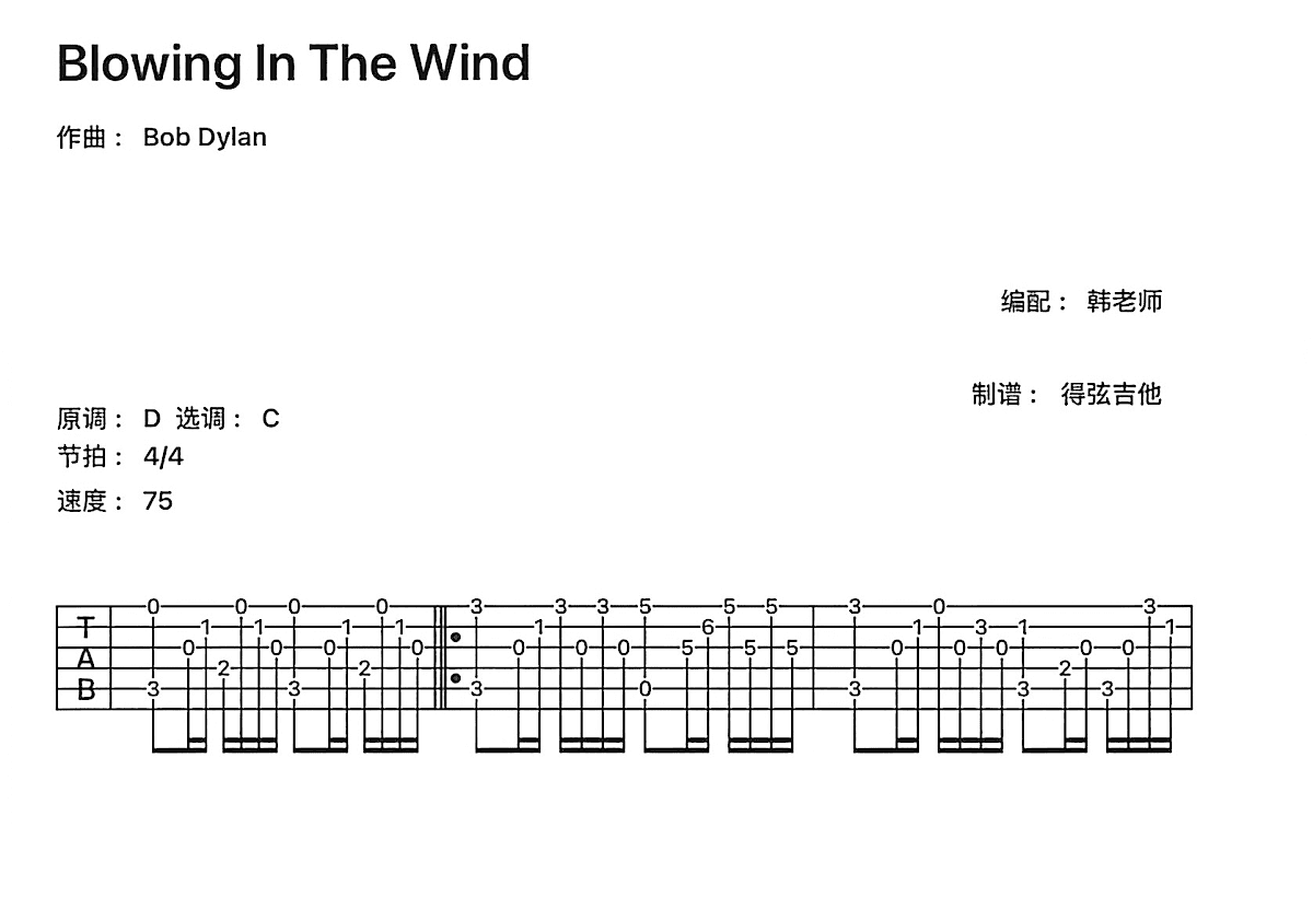 Blowing In The Wind吉他谱预览图