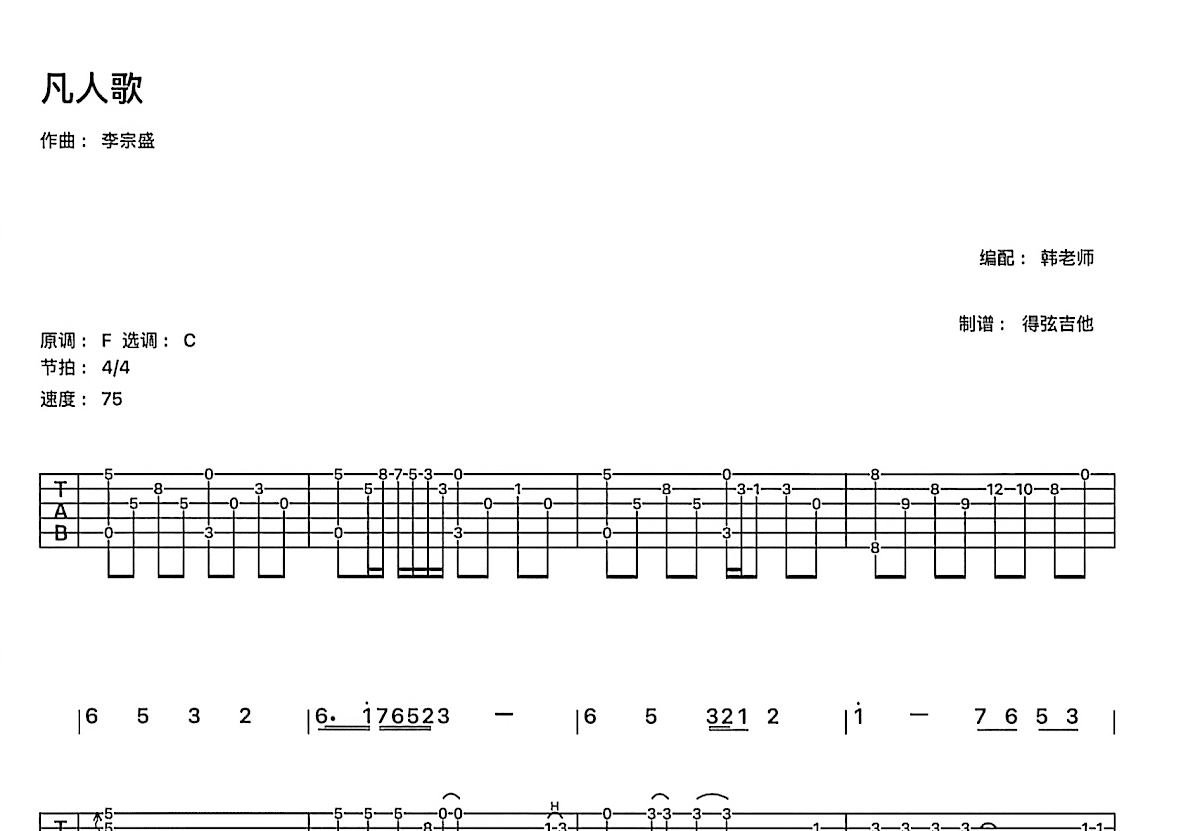 凡人歌吉他谱预览图