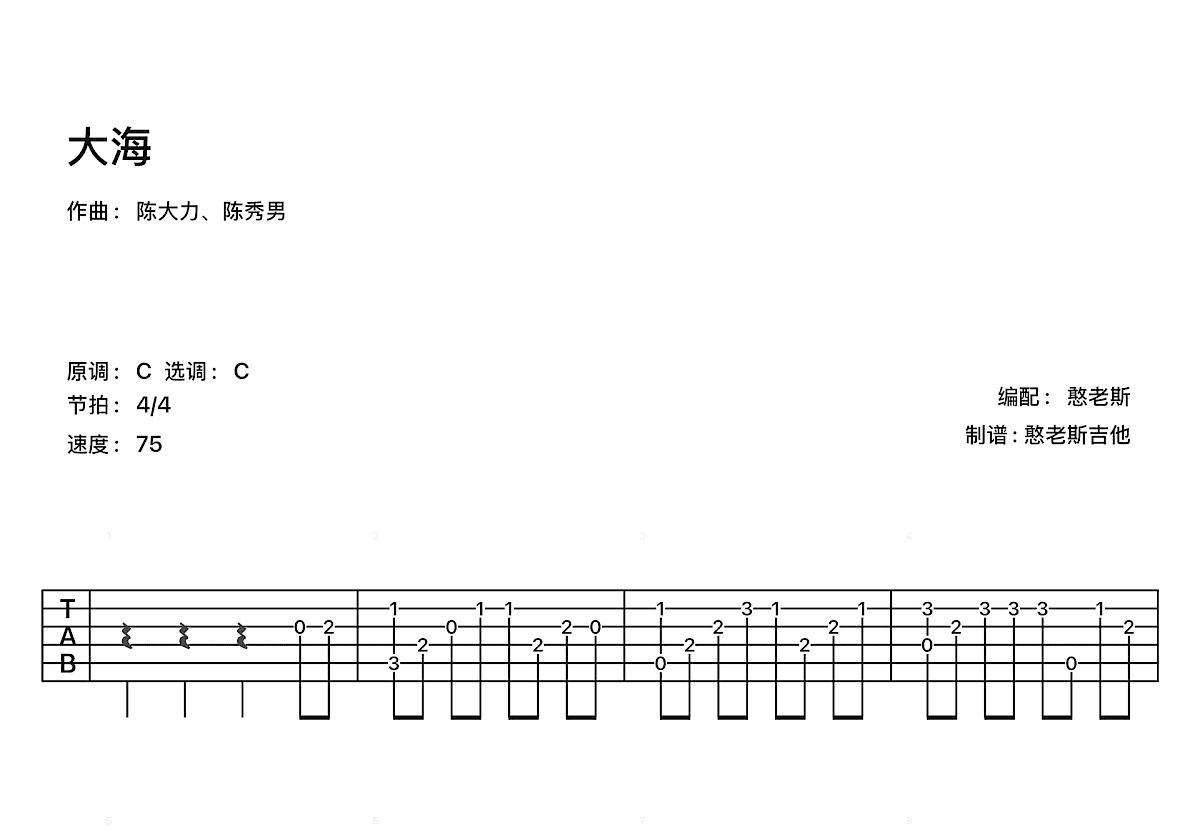 大海吉他谱_张雨生_C调古典