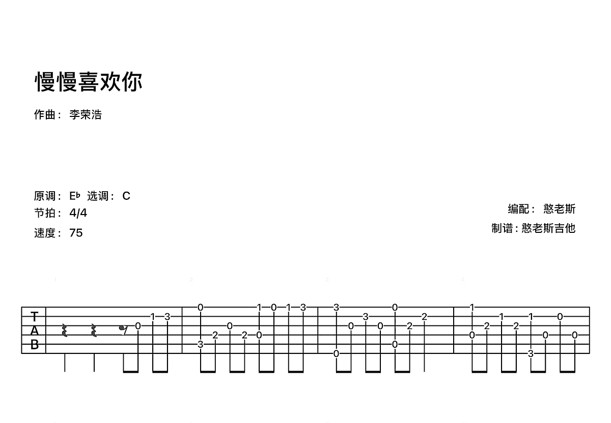 慢慢喜欢你吉他谱_莫文蔚_C调指弹