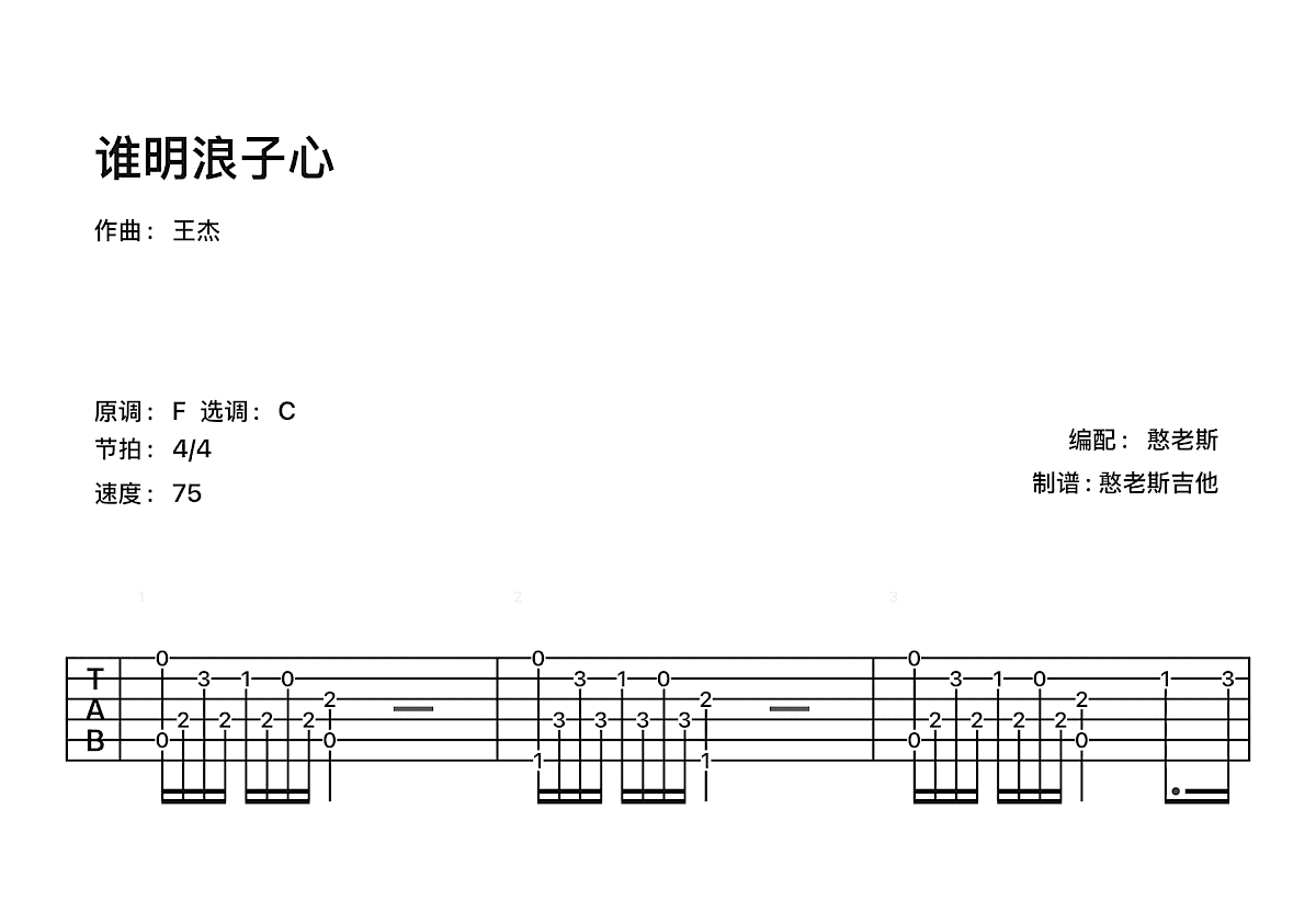 谁明浪子心吉他谱预览图