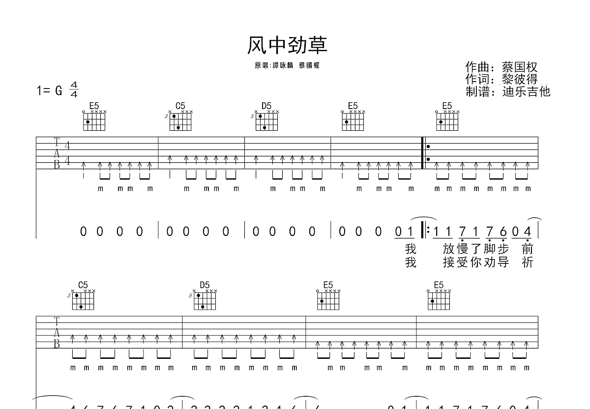 风中劲草吉他谱预览图