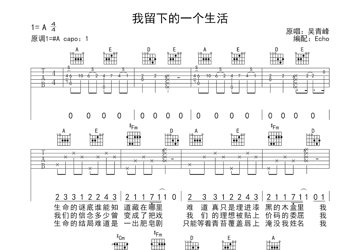 我留下的一个生活吉他谱预览图