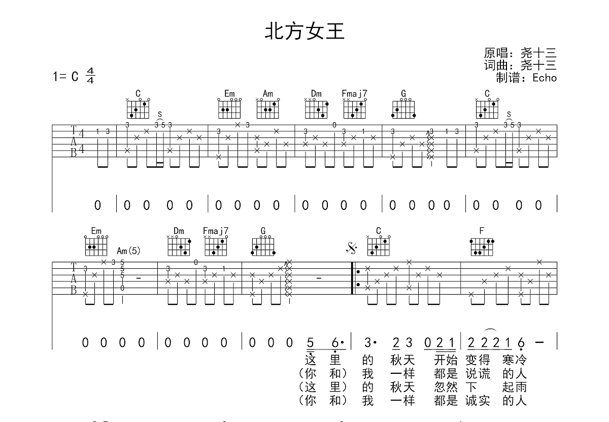 北方女王吉他谱预览图