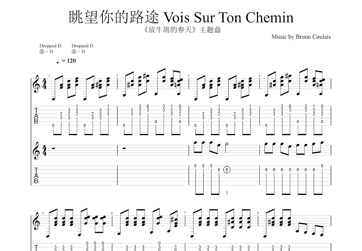 眺望你的路途 Vois Sur Ton Chemin吉他谱预览图