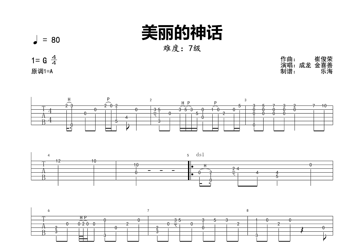 美丽的神话吉他谱预览图