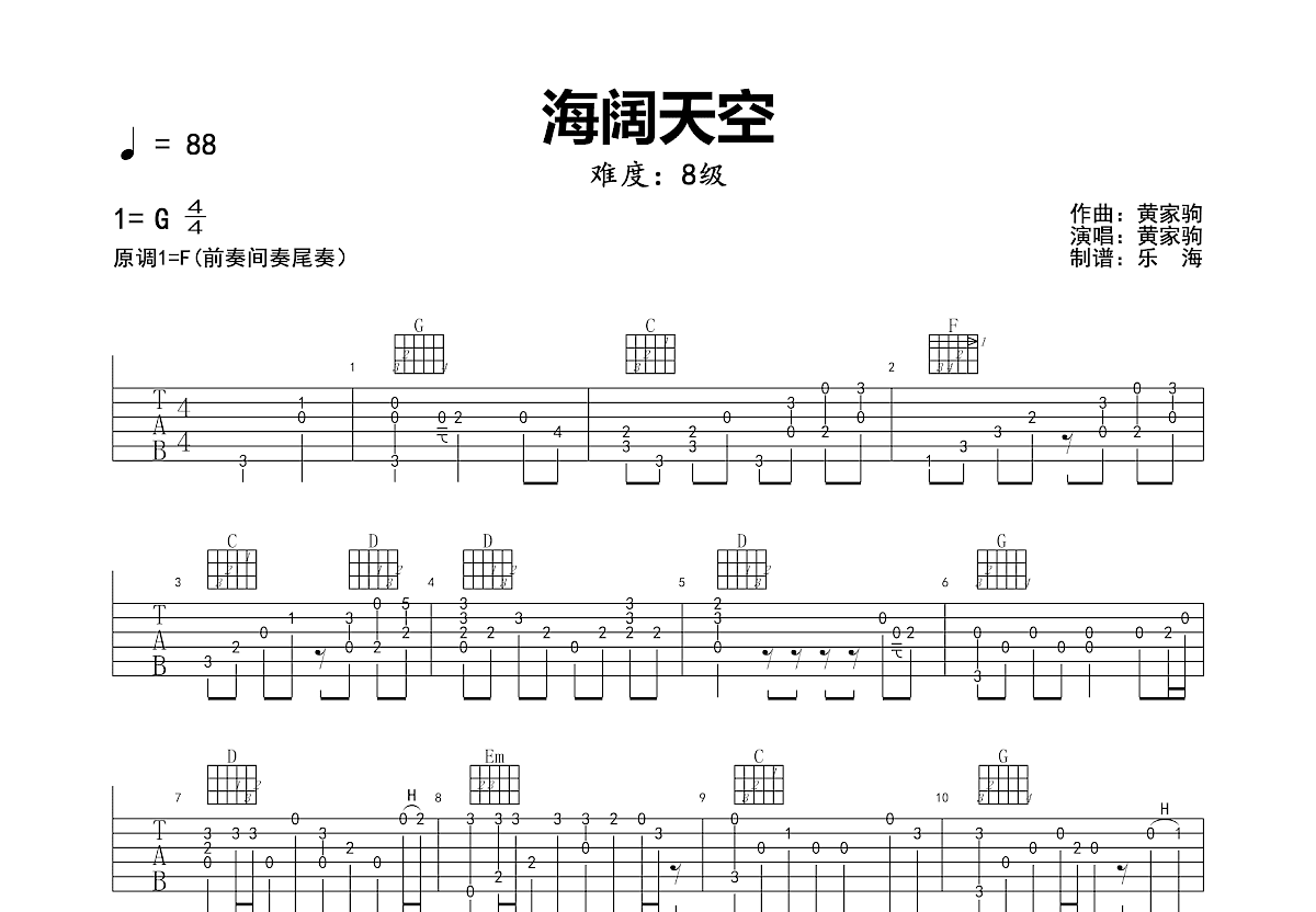 海阔天空吉他谱_黄家驹_G调指弹