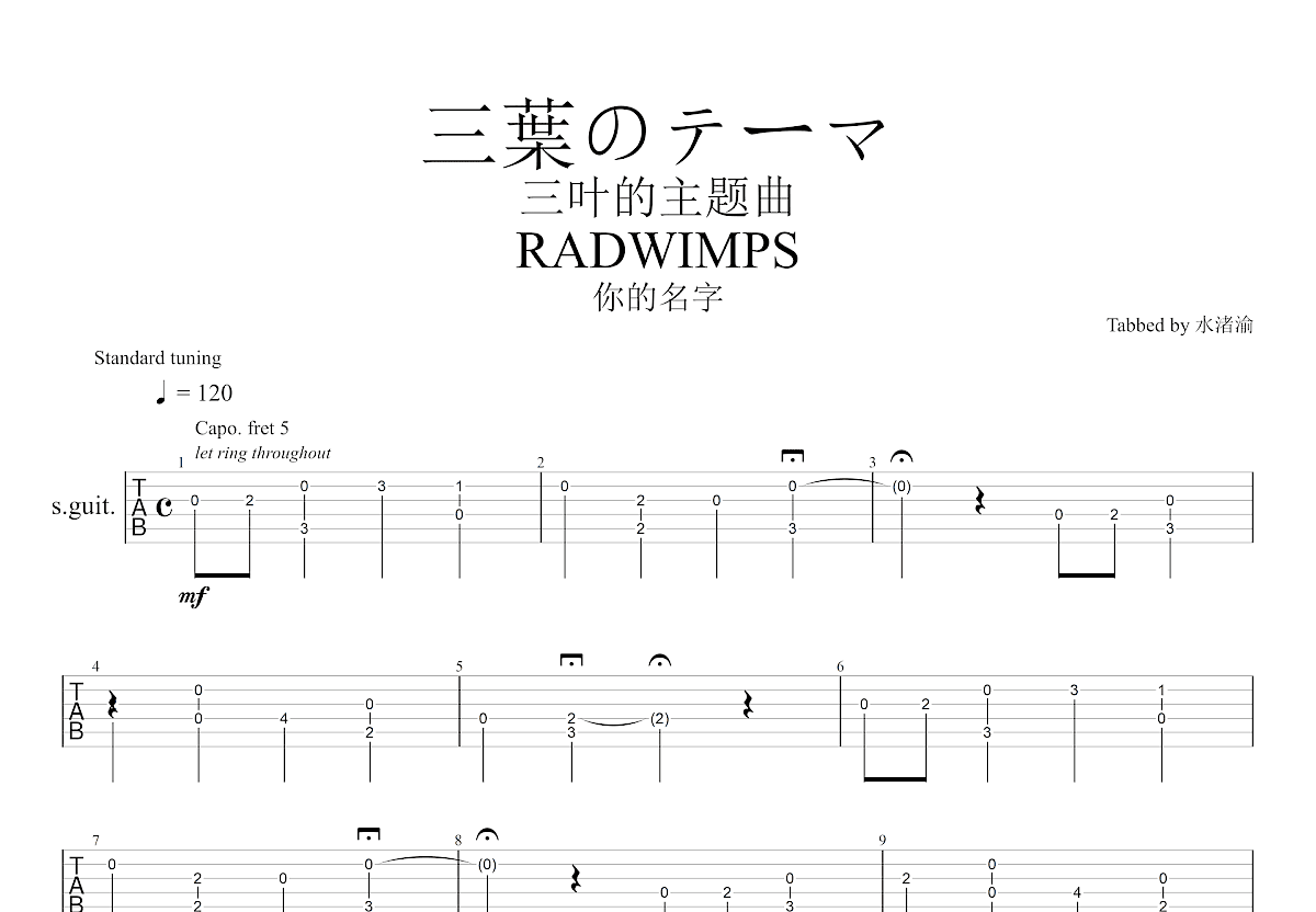 三叶的主题曲吉他谱预览图
