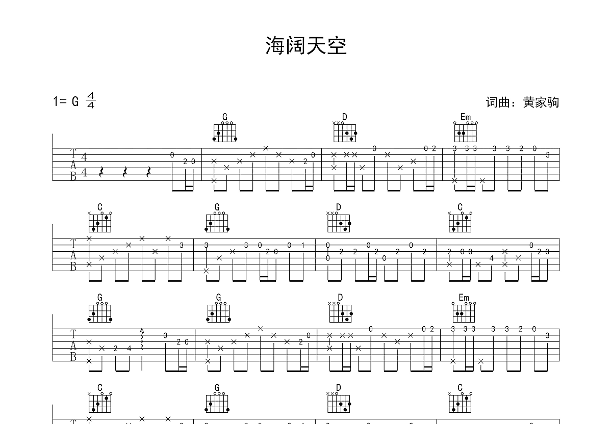 海阔天空吉他谱预览图