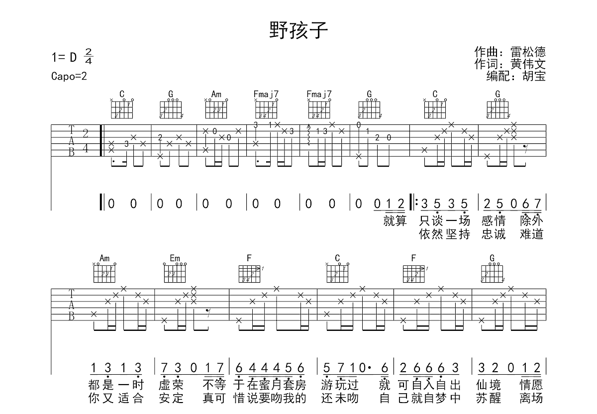 野孩子吉他谱预览图