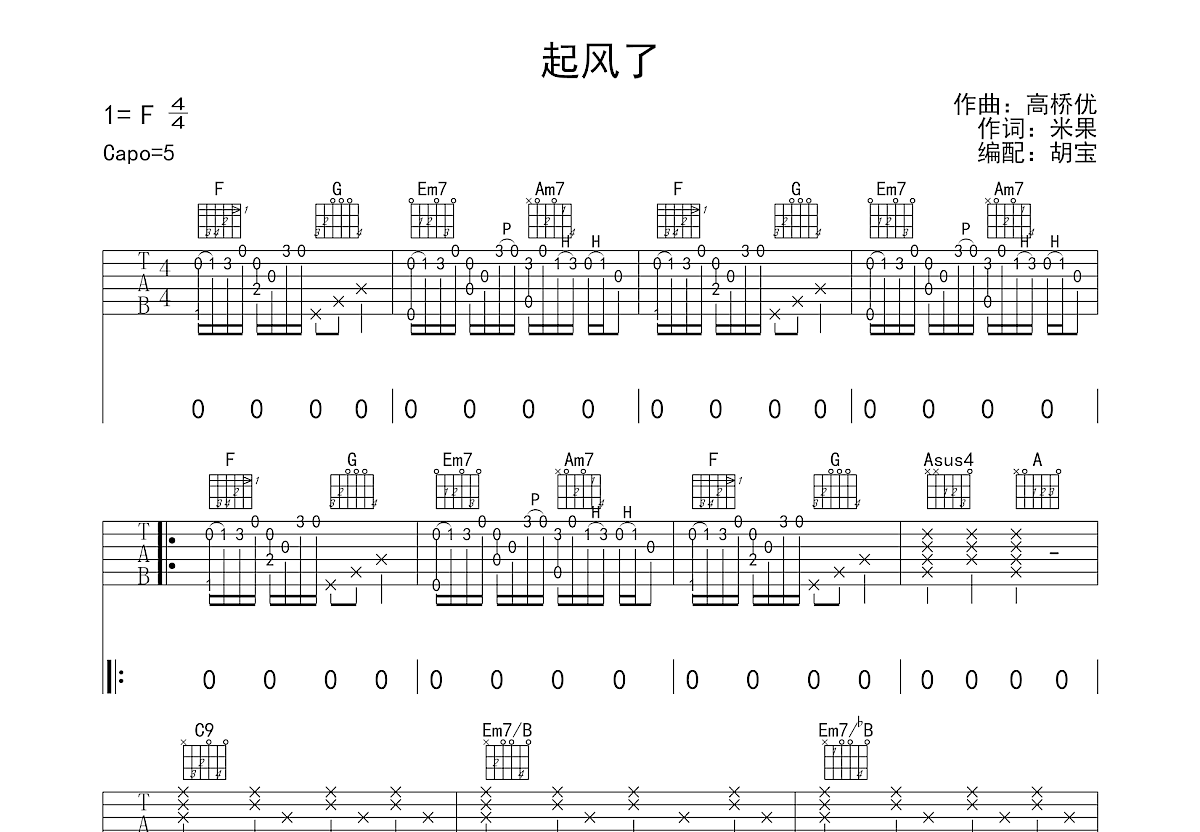 起风了吉他谱预览图