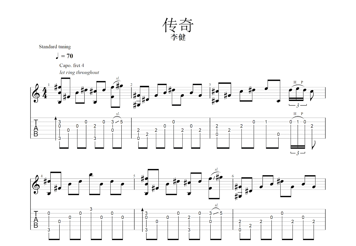 传奇吉他谱预览图