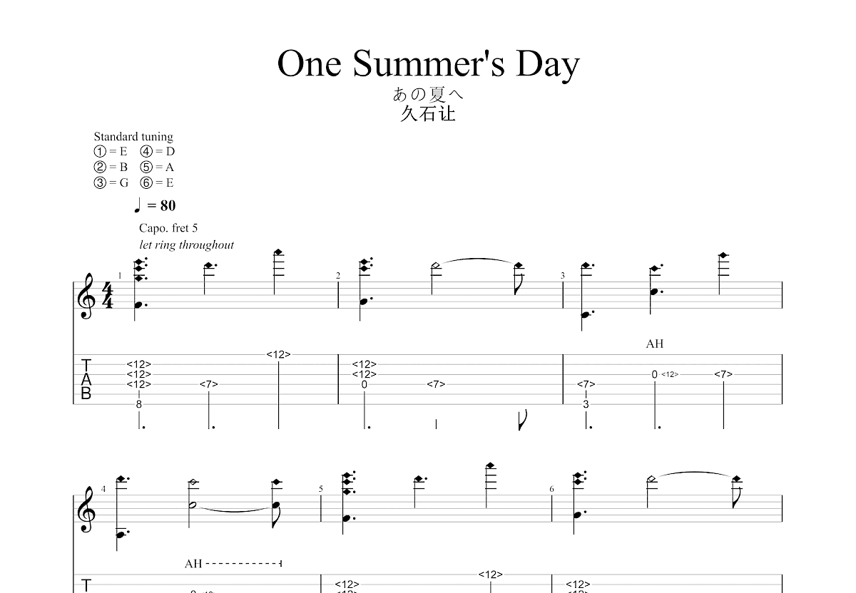 One Summer's Day吉他谱预览图