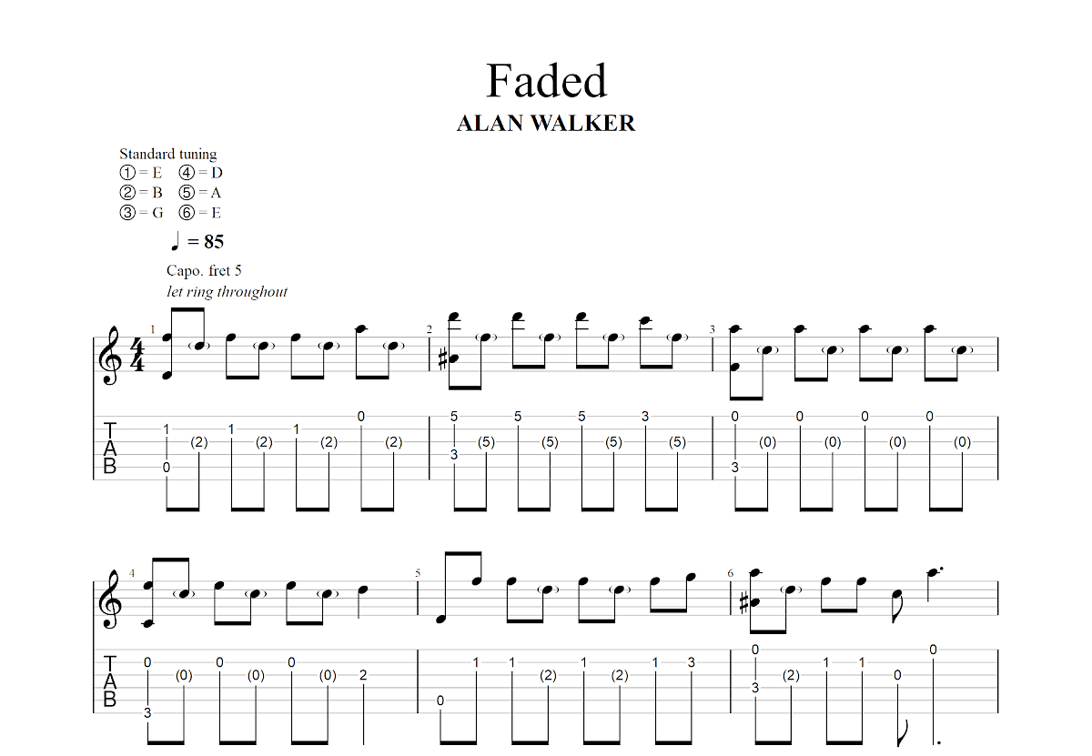 Faded吉他谱_Alan Olav Walker_G调指弹