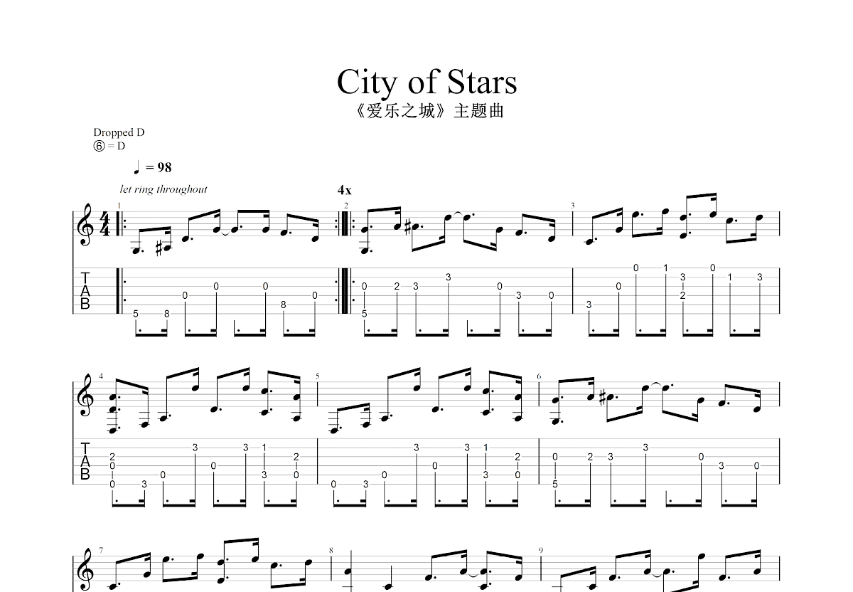 City of Stars吉他谱预览图