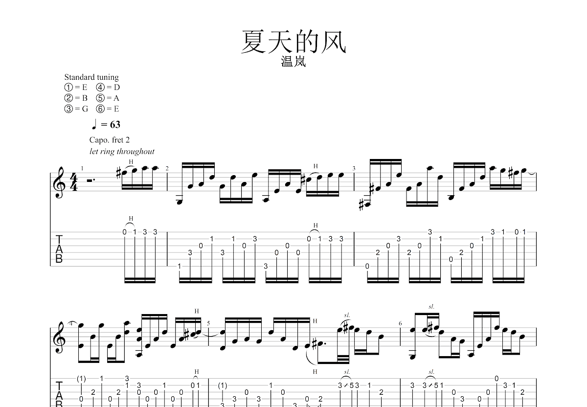 夏天的风吉他谱预览图