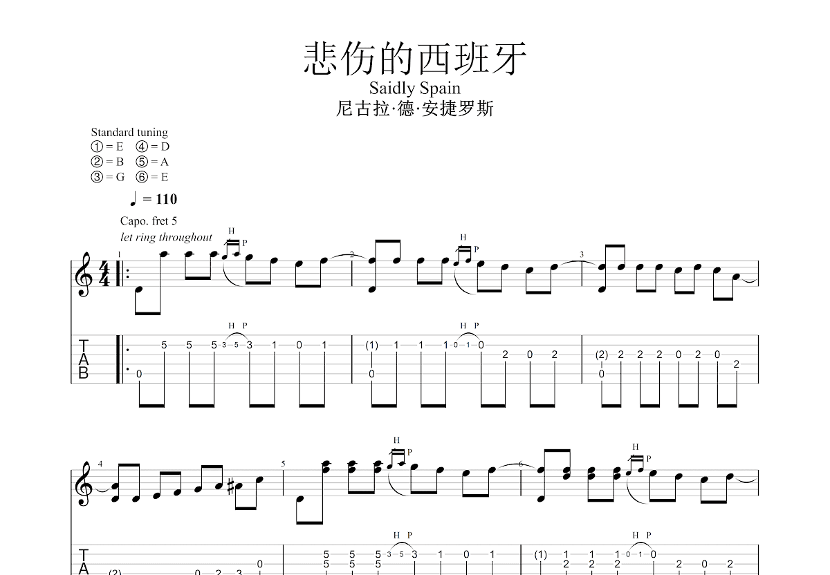 悲伤的西班牙吉他谱预览图