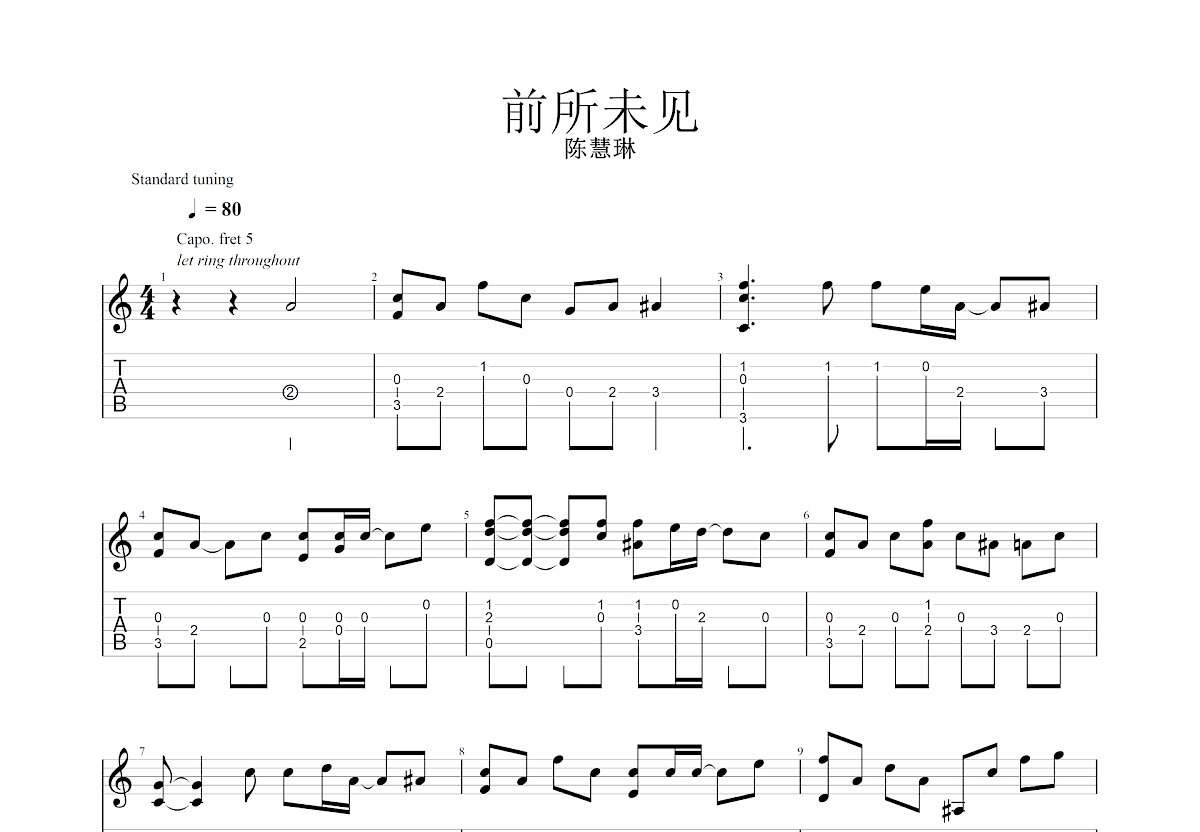 前所未见吉他谱_陈慧琳_C调指弹