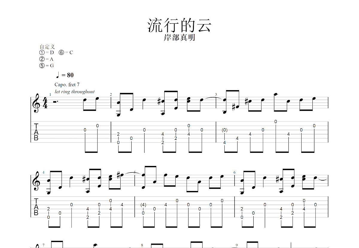 流行的云吉他谱_岸部真明_G调指弹