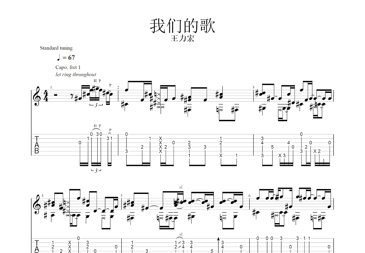 我们的歌吉他谱_王力宏_C调指弹