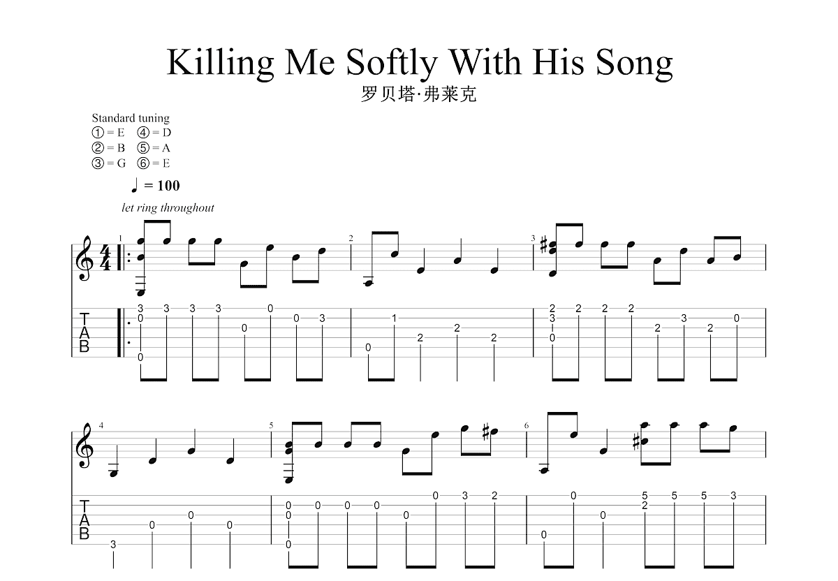Killing Me Softly with His Song吉他谱预览图