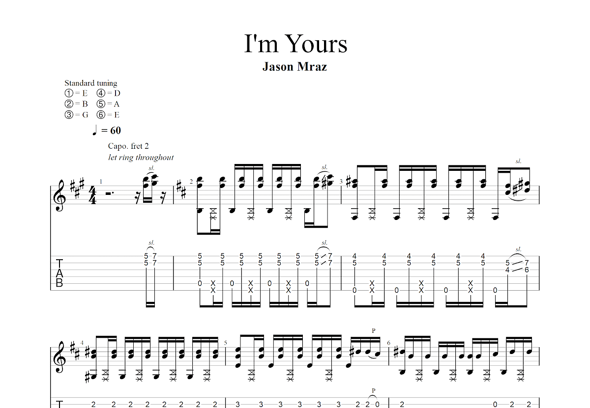 I'm yours吉他谱_杰森·玛耶兹_A调指弹