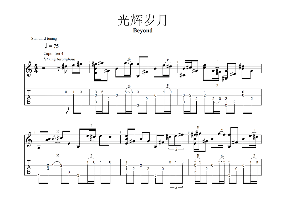 光辉岁月吉他谱_Beyond_C调指弹