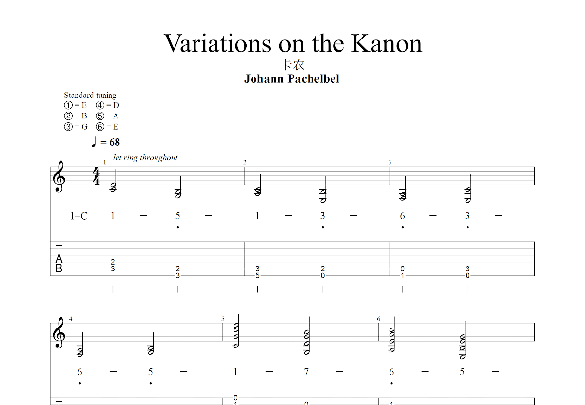 卡农吉他谱_Johann Pachelbel_C调指弹