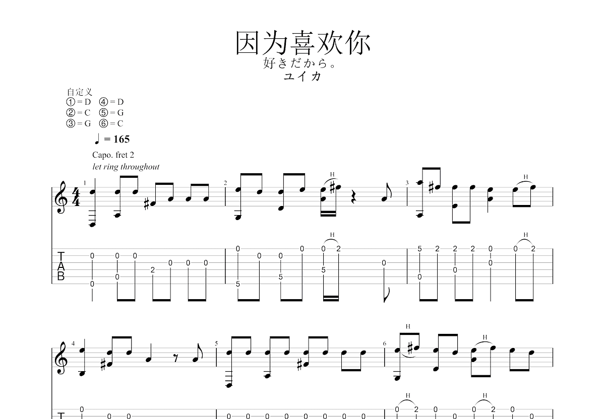 因为喜欢你吉他谱_ユイカ_C调指弹